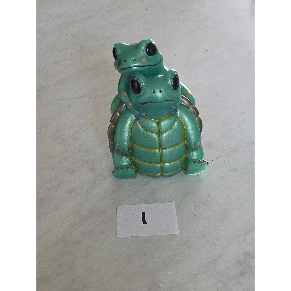 Handmade Resin Turtle Frog Figurine Piggyback Green Navy Blue Brown